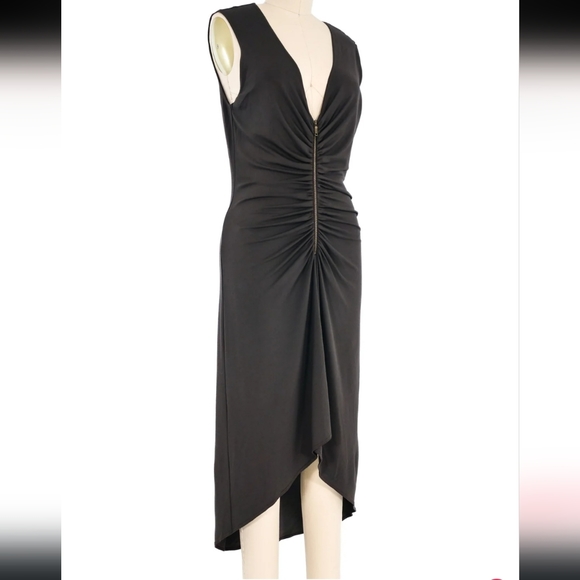 Celine Sable/Gray Ruched Deep V/ Zip Front Dress, Sz 40 - Picture 13 of 16